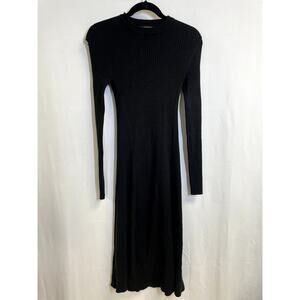 CAARA Women's Black Ribbed Nylon/Wool Midi Sweater Dress Long Sleeve Size Small